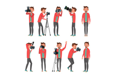 Photographer Vector. Photo Studio. Photographer Making Photos. Digital Camera And Professional Photo Equipment. Taking Pictures. Isolated On White Cartoon Character Illustration