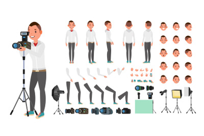 Photographer Male Vector. Animated Man Creation Set. Full Length, Front, Side, Back View. Isolated Flat Cartoon Illustration