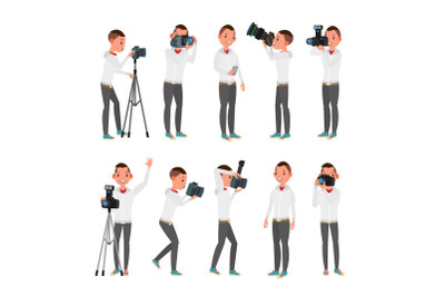 Professional Photographer Vector. Male In Different Poses. Lights And Cameras. Creative Occupation. Profession. Tripod Equipment. Isolated Flat Cartoon Character Illustration