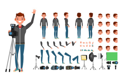 Photographer Man Vector. Taking Pictures. Animated Character Set. Full Length. Accessories, Poses, Face Emotions, Gestures. Isolated Flat Cartoon Illustration