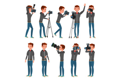 Photographer Vector. Modern Camera. Posing. Full Length Taking Photos. Photojournalist Design. Flat Cartoon Illustration