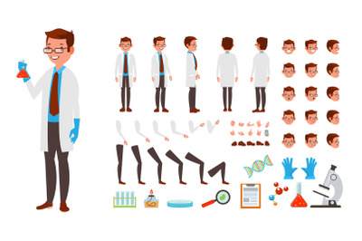 Scientist Man Vector. Animated Character Creation Set. Full Length, Front, Side, Back View, Accessories, Poses, Face Emotions, Hairstyle, Gestures. Isolated Flat Cartoon Illustration