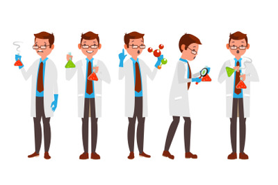 Scientist Character Vector. Friendly Funny Professor. Chemistry Laboratory Specialists. Isolated Flat Cartoon Illustration