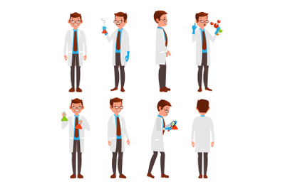 Professional Scientist Vector. Modern Young Worker. Male At Work In Laboratory. Isolated On White Cartoon Character Illustration