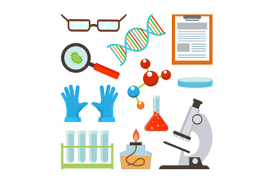 Laboratory Equipment Set Vector. Science Accessories. Glasses, Dna, Structure, Molecule, Notepad, Petri, Bowl, Gloves, Bulb, Test Tube, Microscope. Isolated Flat Cartoon Illustration