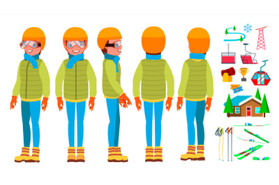 Skiing Man Male Vector. Skiing Sportsman. Season And Mountain. Cartoon Character Illustration