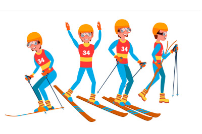 Skiing Male Player Vector. Slope Competition. Recreation Lifestyle. In Action. Cartoon Character Illustration