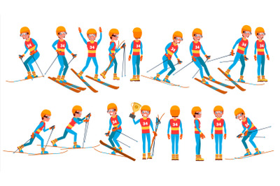 Skiing Male Player Vector. Winter Games. Competing In Championship. Playing In Different Poses. Man Athlete. Isolated On White Cartoon Character Illustration