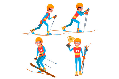 Skiing Young Man Player Vector. Man. Ski Resort. Skiing In The Mountains. Flat Athlete Cartoon Illustration