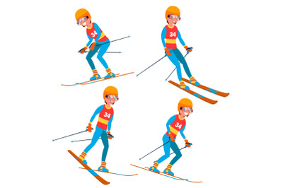 Skiing Player Male Vector. Winter Activities Rest. Ski Resort. Isolated Flat Cartoon Character Illustration