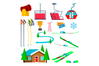 Skiing Icons Set Vector. Skiing Accessories. Skis, Snow Gun, Snowflake, Lift, Elevator, Mountains, Winter Sport Glasses. Isolated Flat Cartoon Illustration