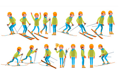 Skiing Male Vector. In Action. Man On Skis. Winter Sport. Ski Suit. Cartoon Character Illustration