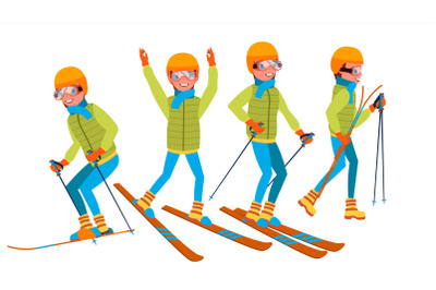 Skiing Male Vector. Holidays. Cross Country Skiing. Playing In Different Poses. Man. Isolated On White Cartoon Character Illustration