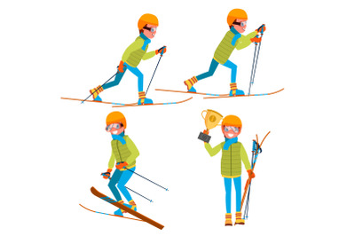 Skiing Young Man Vector. Man. Enjoying Snow Landscape. Skier And Snow. Flat Cartoon Illustration