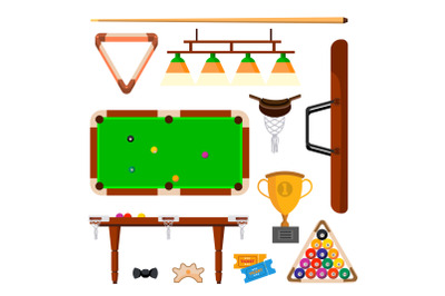 Snooker Icons Set Vector. Snooker, Billiard Accessories. Balls, Cue, Green Table, Lamp. Isolated Flat Cartoon Illustration