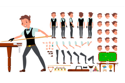 Snooker Player Male Vector. Animated Character Creation Set. Billiard. Man Full Length, Front, Side, Back View, Accessories, Poses, Face Emotions, Gestures. Isolated Flat Cartoon Illustration