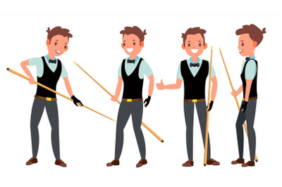 Snooker Male Player Vector. In Action. Professional Player Playing. Pool Room. Billiard. Cartoon Character Illustration