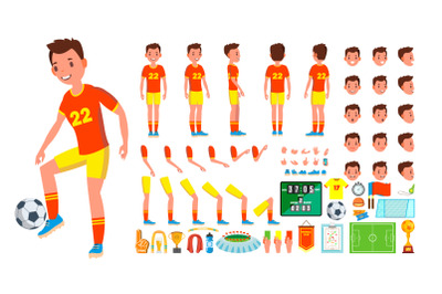 Soccer Player Male Vector. Animated Character Creation Set. Man Full Length, Front, Side, Back View, Accessories, Poses, Face Emotions, Gestures. Isolated Flat Cartoon Illustration