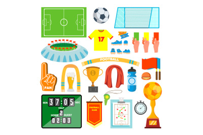 Soccer Icons Set Vector. Soccer Accessories. Ball, Uniform, Cup, Boots, Scoreboard, Field. Isolated Flat Cartoon Illustration