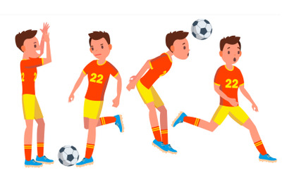 Soccer Male Player Vector. Playing In Different Poses. Summer Activity. Pass. Ball. Man Athlete. Isolated On White Cartoon Character Illustration