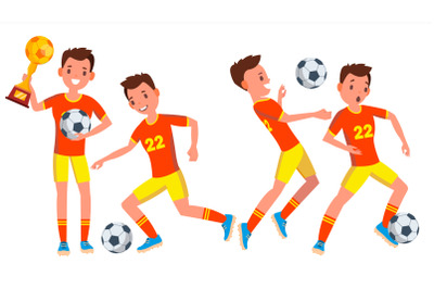 Soccer Male Player Vector. In Action. Modern Uniform. Ball. Boots. Cartoon Character Illustration