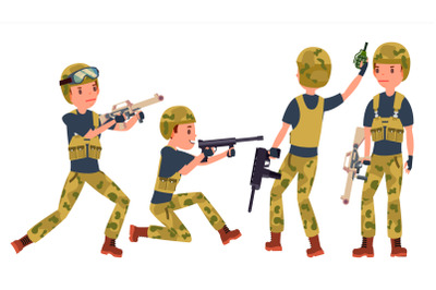 Young Army Soldier Man Vector. Poses. Ready For Battle. Camouflage Uniform. War. Man. Flat Military Cartoon Illustration