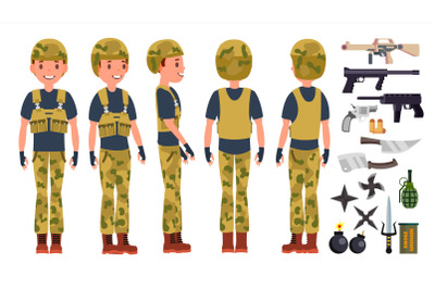 Soldier Man Set Vector. Poses. Army Person. Camouflage Uniform. Shooter. Saluting. Cartoon Military Character Illustration