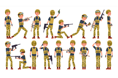 Soldier Male Vector. Different Poses. Military People In Action. Camouflage Uniform. Army. Cartoon Character Illustration