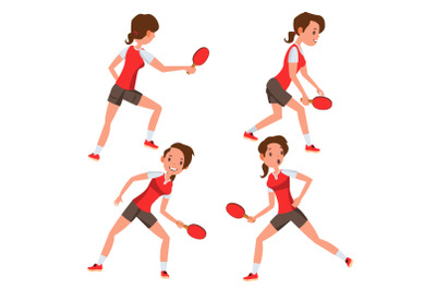 Table Tennis Female Player Vector. Game Match. Silhouettes. Playing In Different Poses. Woman. Athlete Isolated On White Cartoon Character Illustration