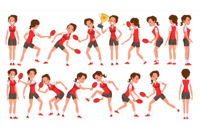 Table Tennis Female Player Vector. In Action. Sports Concept. Stylized Player. Cartoon Character Illustration