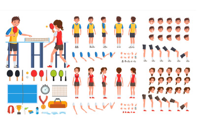 Table Tennis Player Male, Female Vector. Animated Character Creation Set. Ping Pong. Man, Woman Full Length, Front, Side, Back View, Accessories, Poses, Face Emotions, Gestures. Isolated Flat Cartoon Illustration