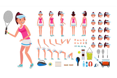 Tennis Player Female Vector. Animated Character Creation Set. Tennis Player Girl, Woman. Full Length, Front, Side, Back View, Accessories, Face Emotions, Gestures. Isolated Flat Cartoon Illustration