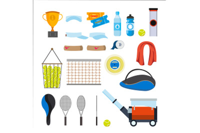 Tennis Icons Set Vector. Tennis Accessories. Yellow Ball, Racket, Net, Pouch. Isolated Flat Cartoon Illustration