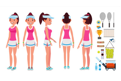 Girl Tennis Player Vector. Sport Uniform. Players Playing With Tennis Racket. In Action. Isolated Flat Cartoon Character Illustration