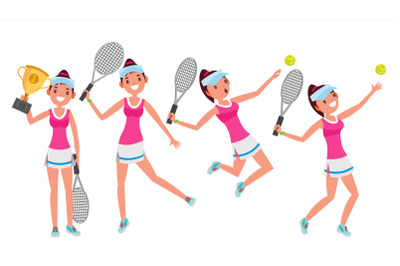 Tennis Player Vector. Young And Healthy. Players Practicing With Tennis Racket. Flat Cartoon Illustration