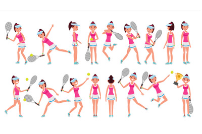 Woman Tennis Player Vector. Playing With The Ball. Different Poses. In Action. Flat Cartoon Illustration