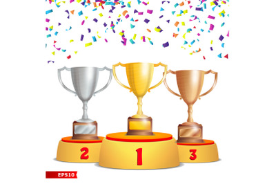 Trophy Cups On Podium. Golden, Bronze, Silver. Winners Pedestal Concept With First, Second And Third Place. Award Ceremony Falling Confetti. Winner . Vector Illustration