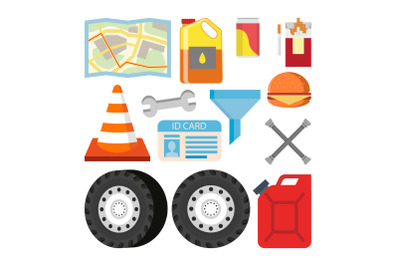 Driver Items Set Vector. Automobile Objects Accessories. Map, Oil, Soda, Cigarettes, Road Cone, Wrench, Canister, Gasoline, Burger, Hamburger. Isolated Flat Cartoon Illustration