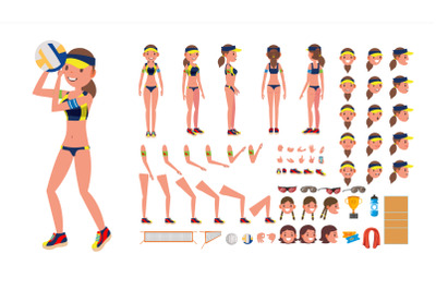 Volleyball Player Vector. Beach Volleyball Female Sport. Animated Character Creation Set. Full Length, Front, Back View, Accessories, Poses, Face Emotions, Gestures. Isolated Flat Cartoon Illustration