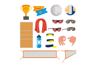 Beach Volleyball Icons Set Vector. Volleyball Accessories. Cup, Tickets, Ball, Glasses, Towel, Field, Water, Gestures, Cap, Sand, Summer. Isolated Flat Cartoon Illustration