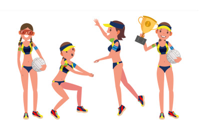 Beach Volleyball Player Vector. Girl. Modern Athlete. Beach Volley. Summer Team Sport. Players In Different Position. Isolated Flat Cartoon Character Illustration