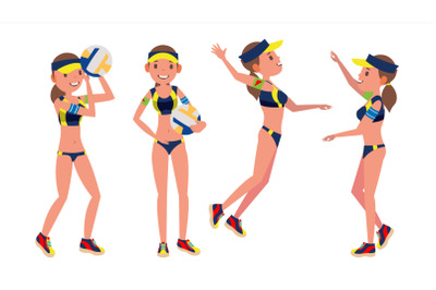 Female Beach Volleyball Player Vector. Professional Athlete. Players In Different Position. Sportswoman Games. Flat Cartoon Illustration