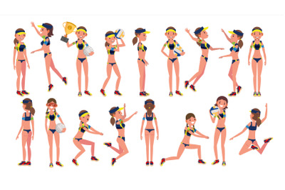 Woman Beach Volleyball Player Vector. Sporting Championship People. Different Position. Cartoon Character Illustration