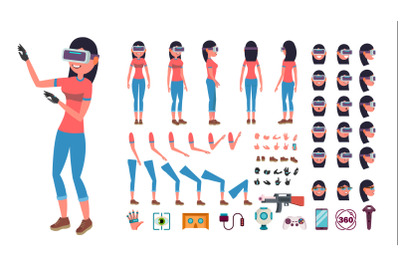 Woman In Virtual Reality Headset Vector. Animated Character Creation Set. 3D VR Glasses. Full Length, Front, Side, Back View, Accessories, Poses, Emotions, Gestures. Virtual Reality Flat Illustration