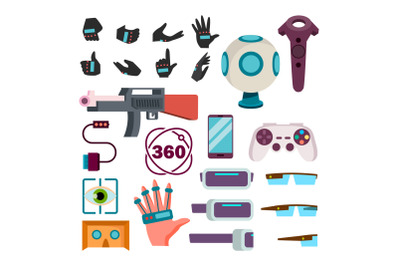 Virtual Reality Icons Set Vector. Virtual Reality VR Accessories. Weapon, Gloves, Console, Controller, Glasses, Sight, Hand. Isolated Flat Cartoon Illustration