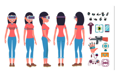 Woman In Virtual Reality Glasses Vector. Cyberspace Concept. 3D VR Glasses. Poses. Flat Illustration