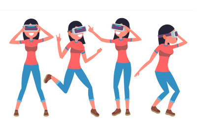 Woman In Virtual Reality Glasses Vector. Poses. Modern Console. Futuristic Technology. Flat Illustration