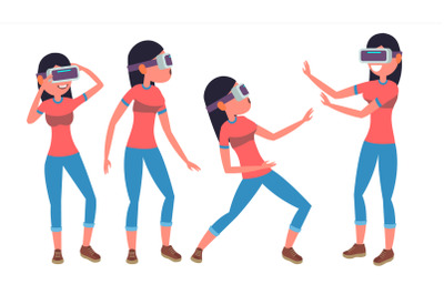 Woman In Virtual Reality Glasses Vector. Poses. 360 Game. Flat Illustration