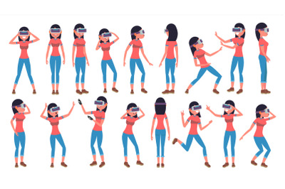 Woman In Virtual Reality Glasses Vector. Cyberspace Concept. 3D VR Glasses. Poses. Flat Illustration