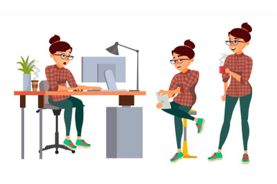 Business Woman Character Vector. Working Female, Girl. Team Room. Desk. Brainstorming. Environment Process. Start Up Office. Programmer, Designer. Lifestyle Situations. Isolated Character Illustration